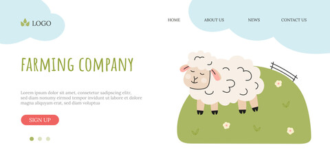 Banner with rural landscape background with sheep