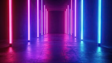 Naklejka premium A vibrant corridor illuminated by blue and pink neon lights, creating a modern and futuristic atmosphere.