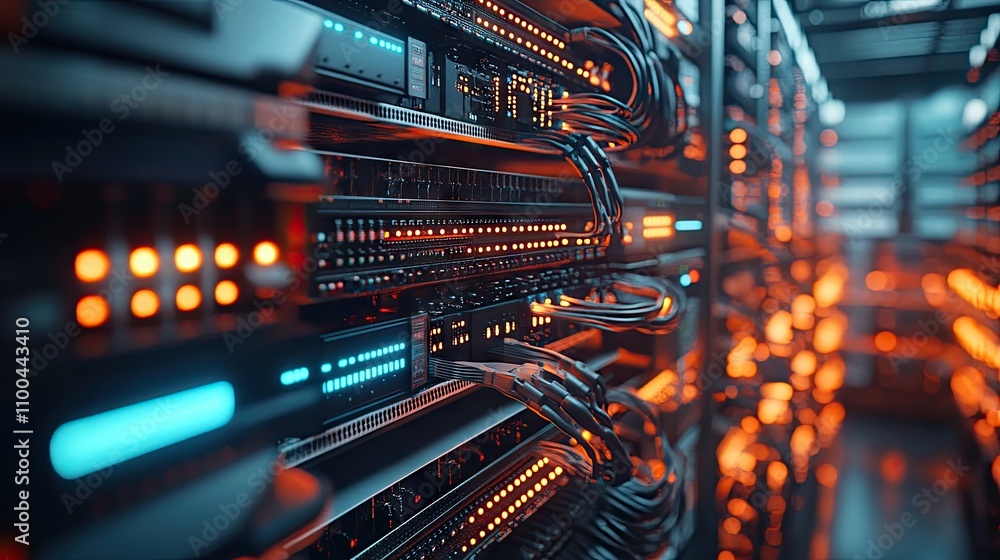 Aufkleber close-up of server racks filled with illuminated switches, showcasing a high-tech data center enviro