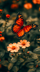 Obraz premium Vibrant orange butterfly flutters over blossoming flowers in lush garden