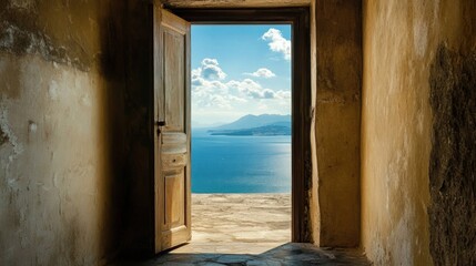 Fototapeta premium Open Doorway with Scenic Ocean and Mountain View Under Blue Sky