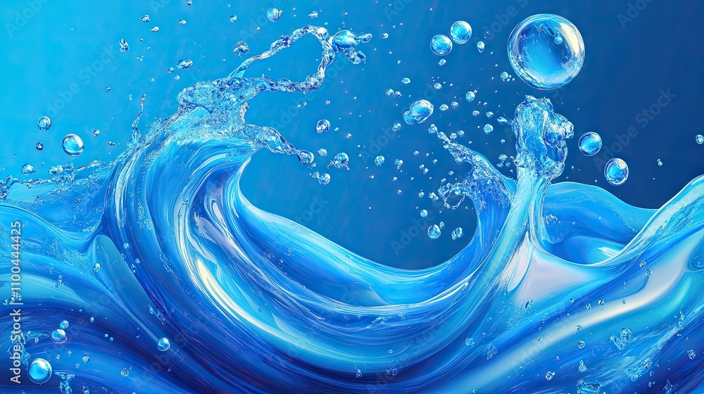 Poster a stunning abstract depiction of vibrant blue water waves with bubbles, creating a refreshing and dy