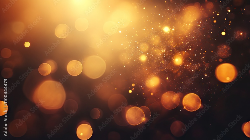 Poster a mesmerizing abstract pattern of golden bokeh lights against a dark background.