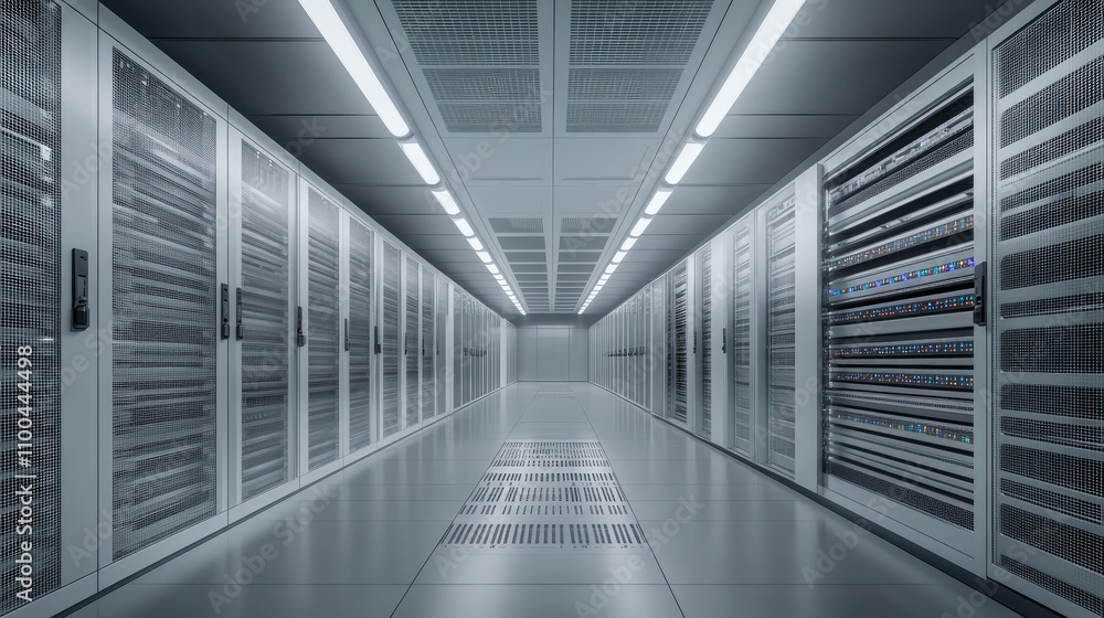 Poster a modern data center hallway lined with server racks, showcasing a sleek, futuristic design and effi