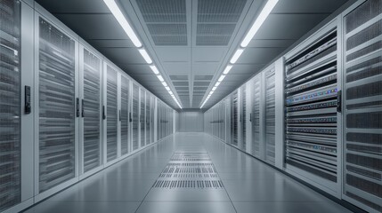 A modern data center hallway lined with server racks, showcasing a sleek, futuristic design and efficient lighting.