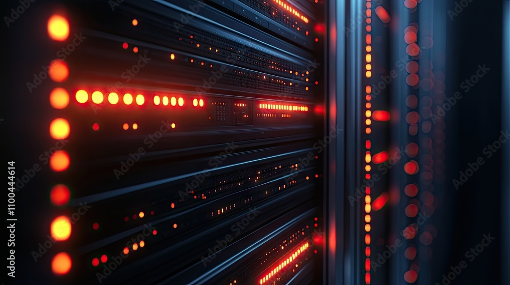 Leinwandbilder abstract view of a data center with illuminated server racks in shades of red and black.