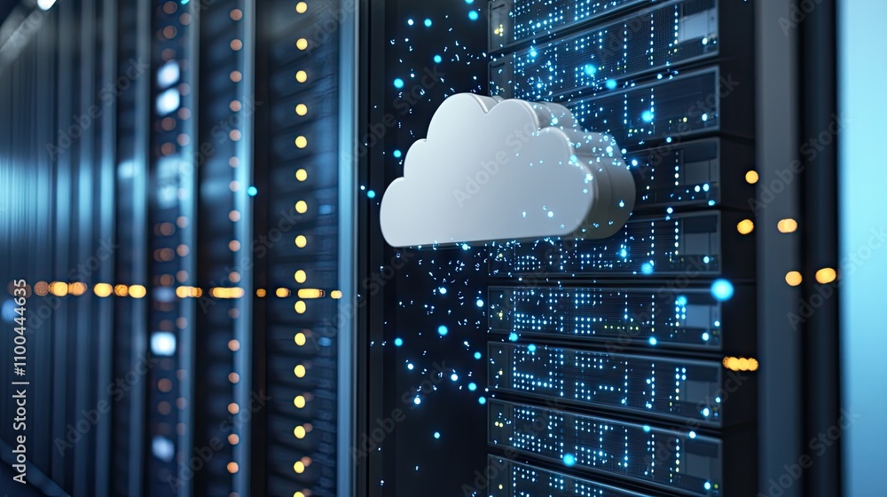 Aufkleber a cloud symbol representing digital storage, surrounded by glowing data streams in a modern server r