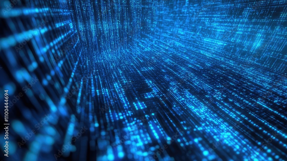 Poster an abstract representation of digital data flowing in a vibrant blue environment.