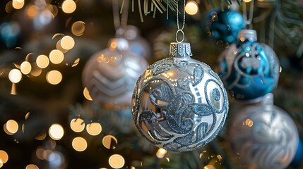 An elegant display of silver and blue Christmas ornaments, combining cool metallic silver with serene blue hues to create a sophisticated and festive holiday atmosphere.

