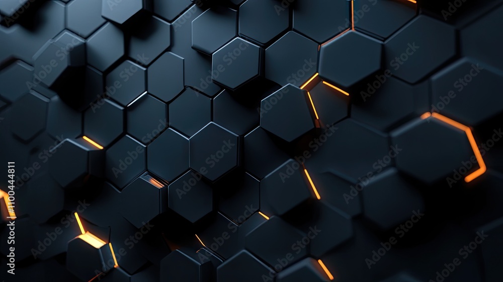Poster abstract black hexagonal pattern with glowing orange accents, creating a modern and tech-inspired at