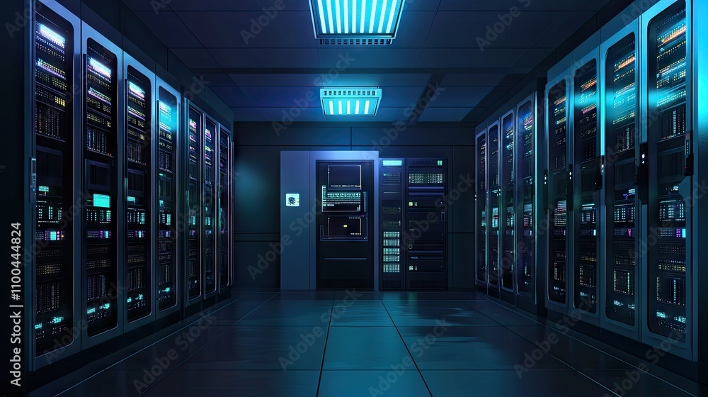 Aufkleber futuristic data center with illuminated server racks highlighting advanced technology.