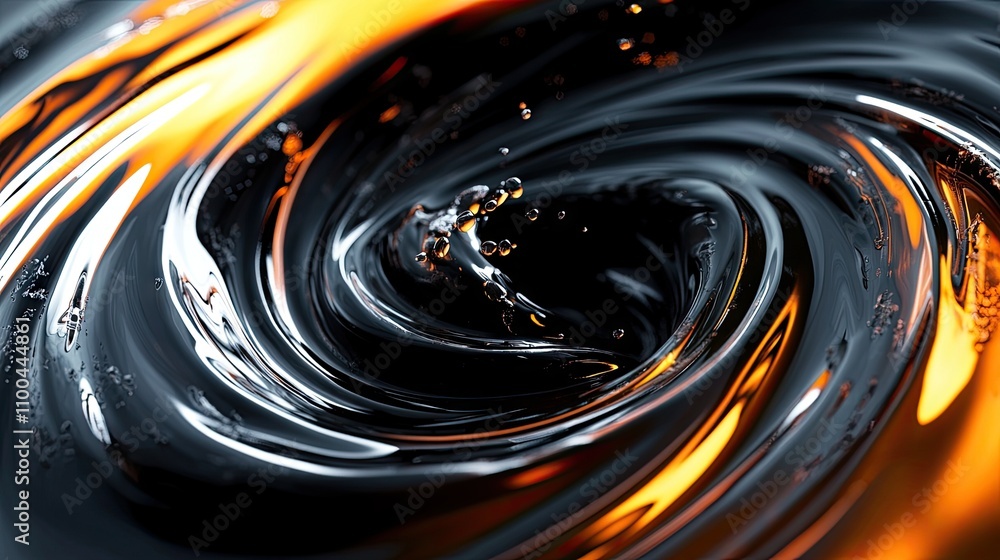 Poster an abstract swirl of dark liquid with vibrant orange highlights, creating a dynamic and energetic vi