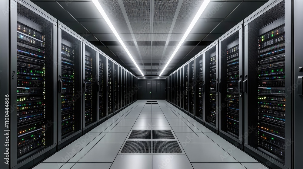 Poster a vast server room filled with high-tech servers and led indicators, creating a futuristic digital e