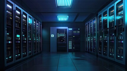 Naklejka premium Futuristic data center with illuminated server racks highlighting advanced technology.