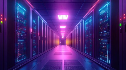 Fototapeta premium A futuristic data center with glowing servers in vibrant purple and blue lighting.