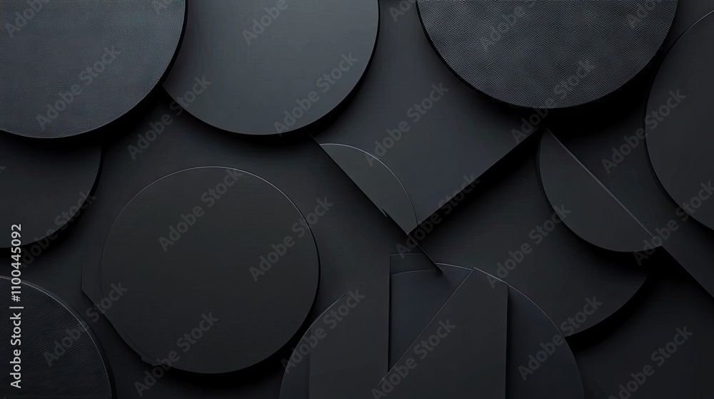 Poster abstract composition of various black circular shapes on a dark background, creating a modern and mi
