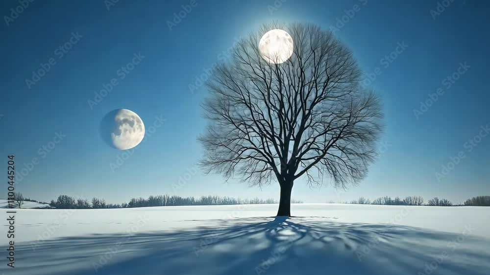 Poster snow-covered field with a lone tree under a full moon, with the tree casting a long shadow on the un