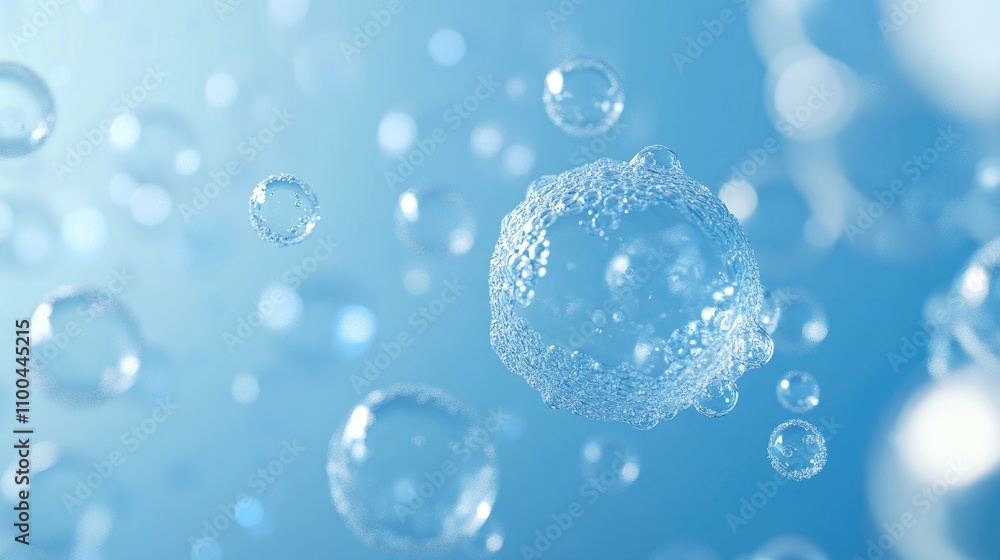 Poster close-up of air bubbles floating on a vibrant blue background, creating a soothing and refreshing at