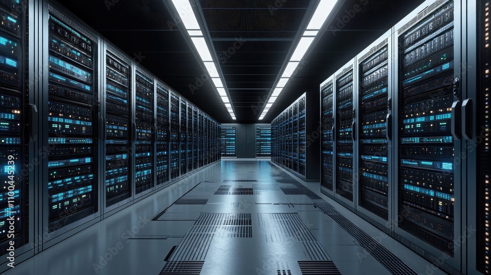 Poster a modern data center with rows of server racks, showcasing advanced technology and a futuristic atmo