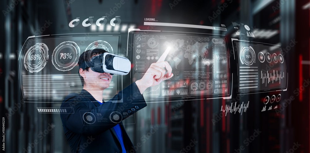 Poster businessman with headset standing at data center while analyzing financial data. manager pointing ma