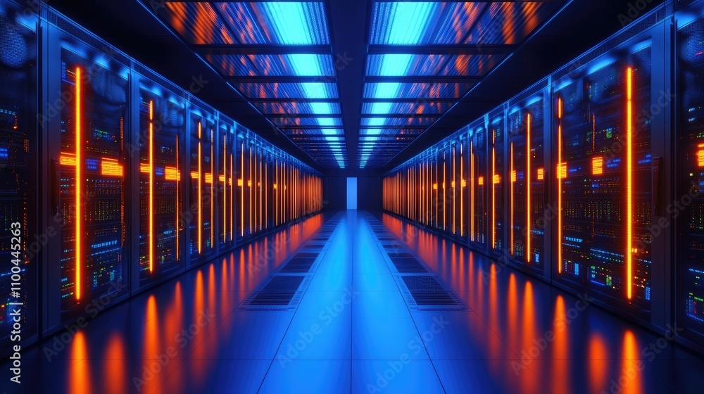 Poster futuristic data center featuring blue and orange lighting, showcasing rows of server racks in a high