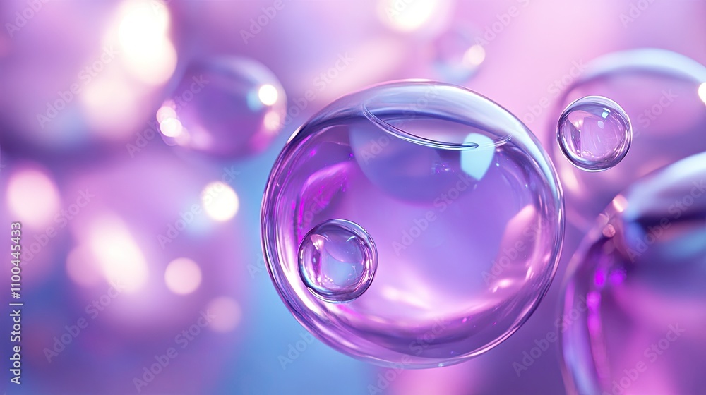 Poster close-up of vibrant purple soap bubbles floating in soft light, creating a dreamy atmosphere.