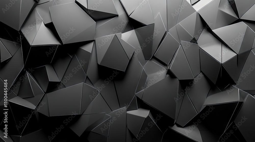 Poster An abstract close-up of a geometric black surface with intricate angular shapes and facets.