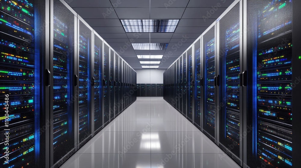 Poster a modern data center showcasing rows of server racks filled with blinking lights.