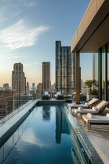 Rooftop infinity pool, city skyline view.