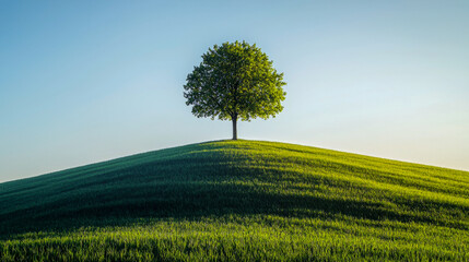 Obraz premium Solitary tree on lush green hill under clear blue sky at sunset