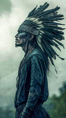 Obraz premium Native american male in traditional headdress against misty background