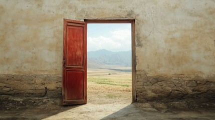 Open Doorway Revealing Scenic Landscape of Vast Fields and Mountains in the Distance