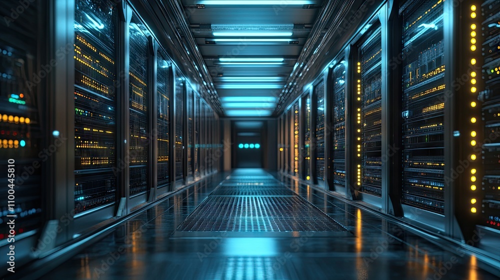 Poster a sleek corridor lined with modern server racks, illuminated by ambient blue lights, creating a futu