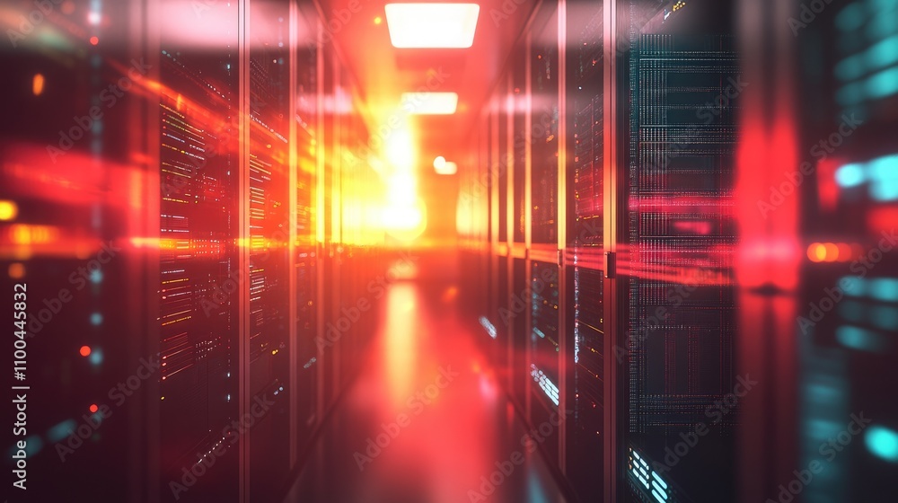 Aufkleber a futuristic server room with glowing lights and a vibrant orange hue creating a dynamic tech atmosp