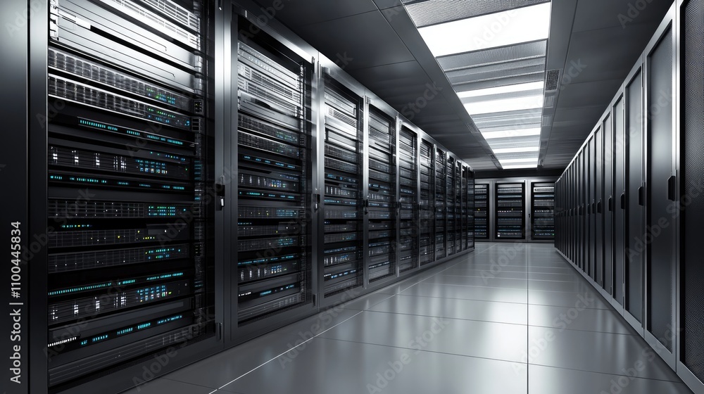 Poster a modern data center with rows of servers and sleek metallic design, showcasing advanced technology 