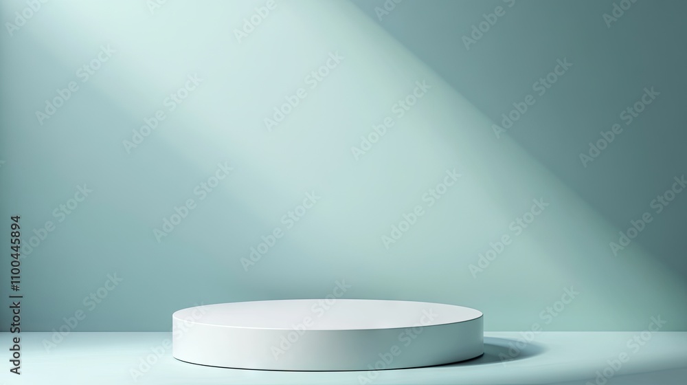 Poster a minimalistic white circular platform on a soft blue background with gentle light and shadows creat