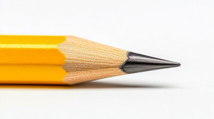 Close-up of a sharp yellow pencil tip on white background