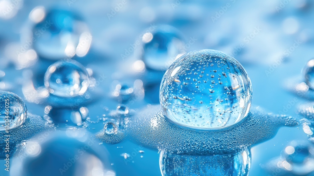 Poster close-up of translucent water droplets on a smooth blue surface, creating a serene and refreshing at