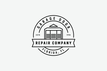 garage door maintenance and installation company logo, badge style minimal lineart black and white