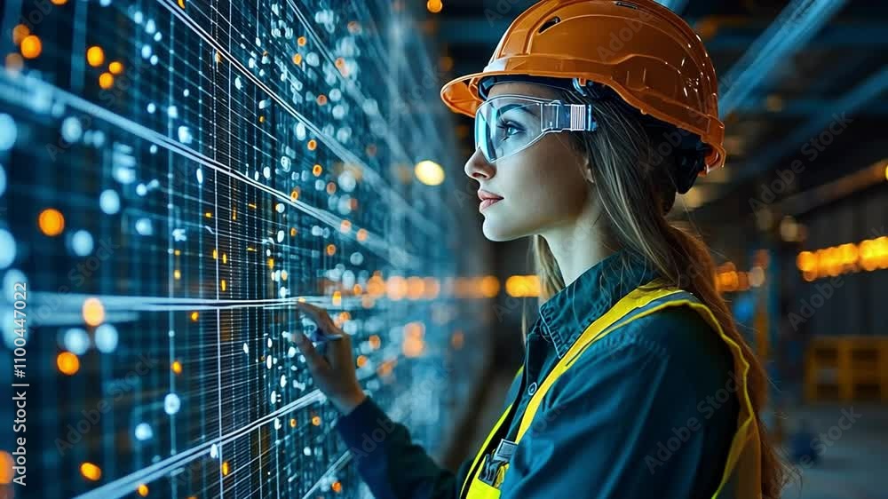 Poster engineer analyzing data on a virtual interface in a construction site during daytime