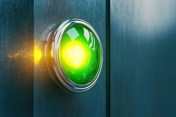 Industrial equipment with bright yellow-green indicator light on metallic background showcases advanced technology