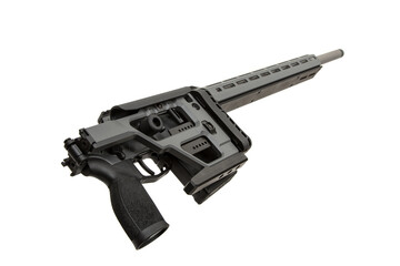 Precision rifle with a modular design, featuring an adjustable stock, tactical grip, sleek...
