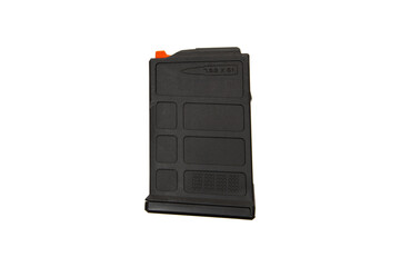 A black polymer rifle magazine with an orange follower, designed for 7.62x51mm ammunition, isolated...