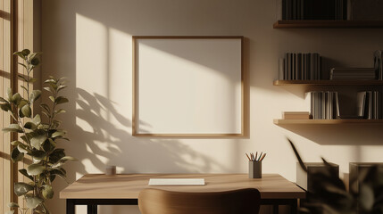 A simple layout in an empty frame on the wall of the home office, a simple blank frame mockup in the room interior