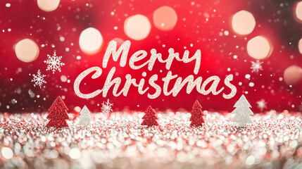 Christmas New Years greeting card long banner with ornaments silver glitter on red background. Text Merry Christmas