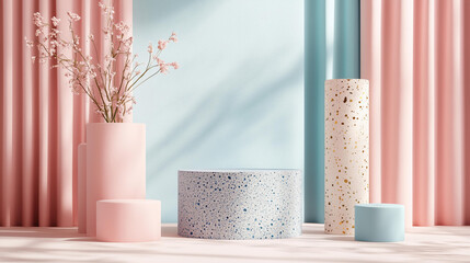 
Abstract composition with geometric shapes and a pastel blue pink golden colors, podiums for product presentation in a minimalist style. Mock-up template for a design showcase.  