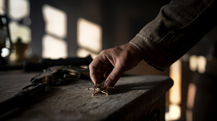 Obraz premium Sheriff leaving golden star badge and gun on desk in cinematic western scene