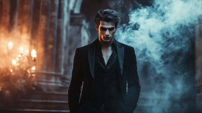 attractive young male vampire in a black fantasy suit. protagonist character of a romantic fantasy novel, candlelight, castle, smoke , evocative, alluring, possessive hero