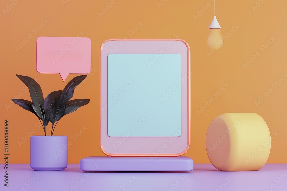 Poster Blank chat bubble comment symbol on device UI mockup. Minimalist tech interface design. Pastel colors device mockup. Modern abstract design for web banner blog post. Colorful 3D render. Creative