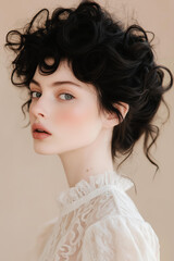 Fototapeta premium Beautiful woman with black hair, big curly wavy updo hairstyle, vintage makeup, pale skin, solid beige background, soft focus, soft lighting, hyper-realistic photography, natural light 